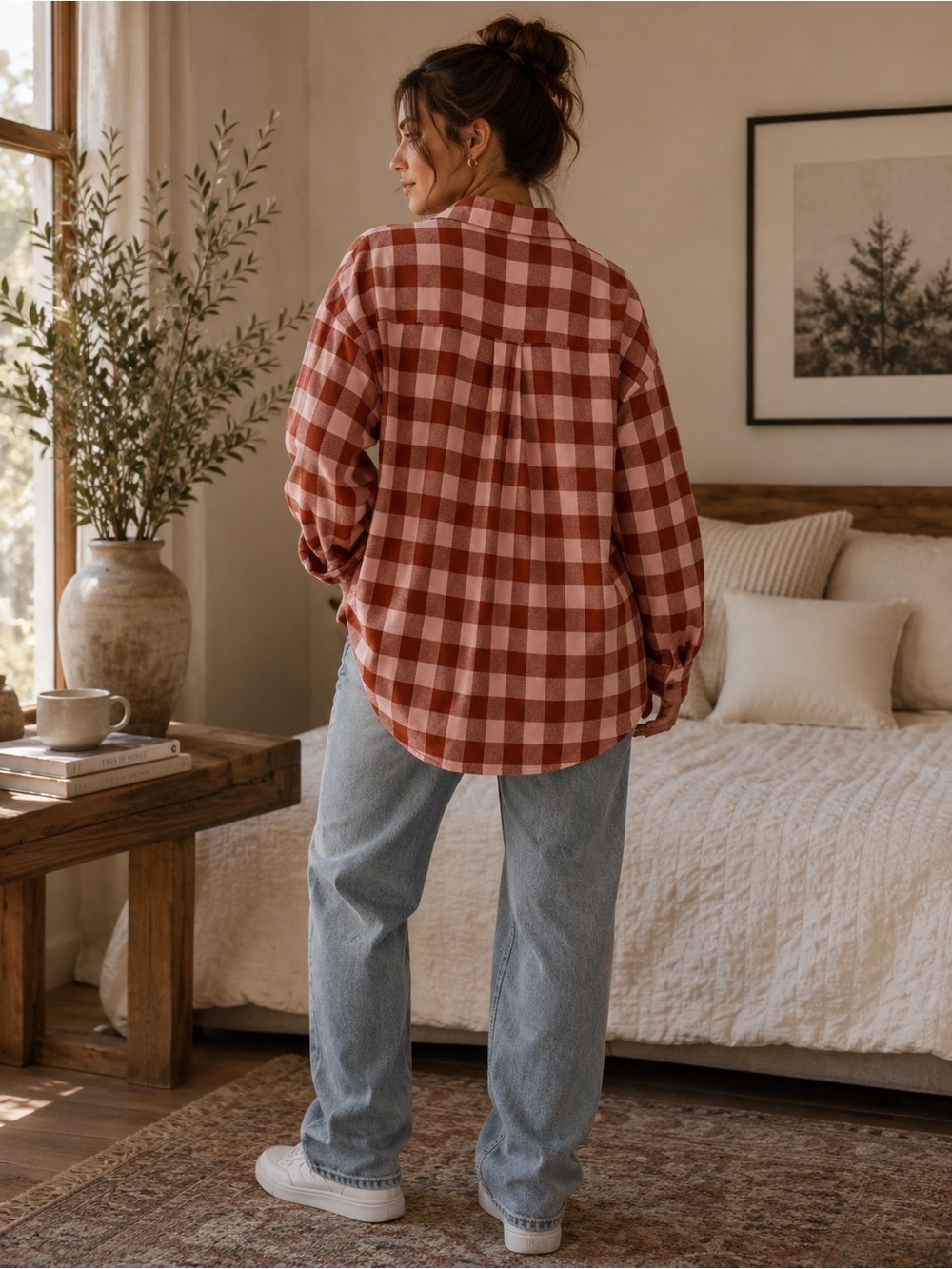 Checked Button-Down Shirt Jacket - Rust/Pink - Picture 3 of 10